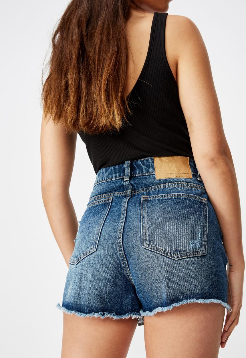 Factorie - High rise denim shorts - distressed deep blue
