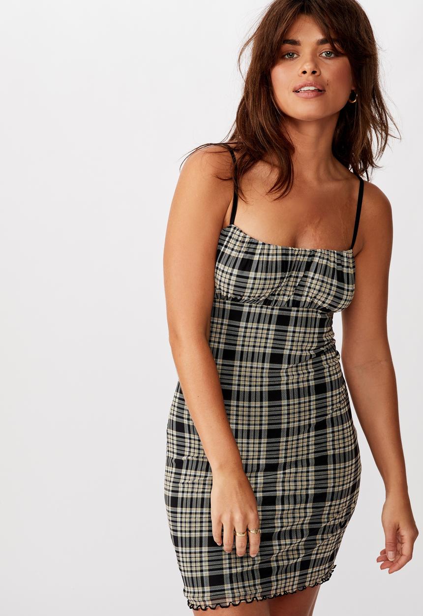 Factorie - Ruched front mesh mini dress hope check - neutral