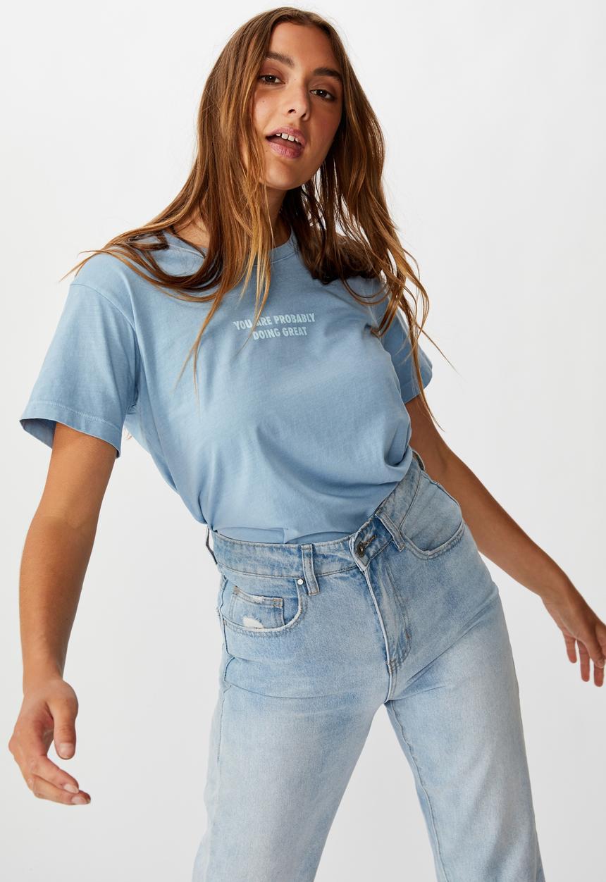 Cotton On - Classic slogan T-shirt doing great - faded denim