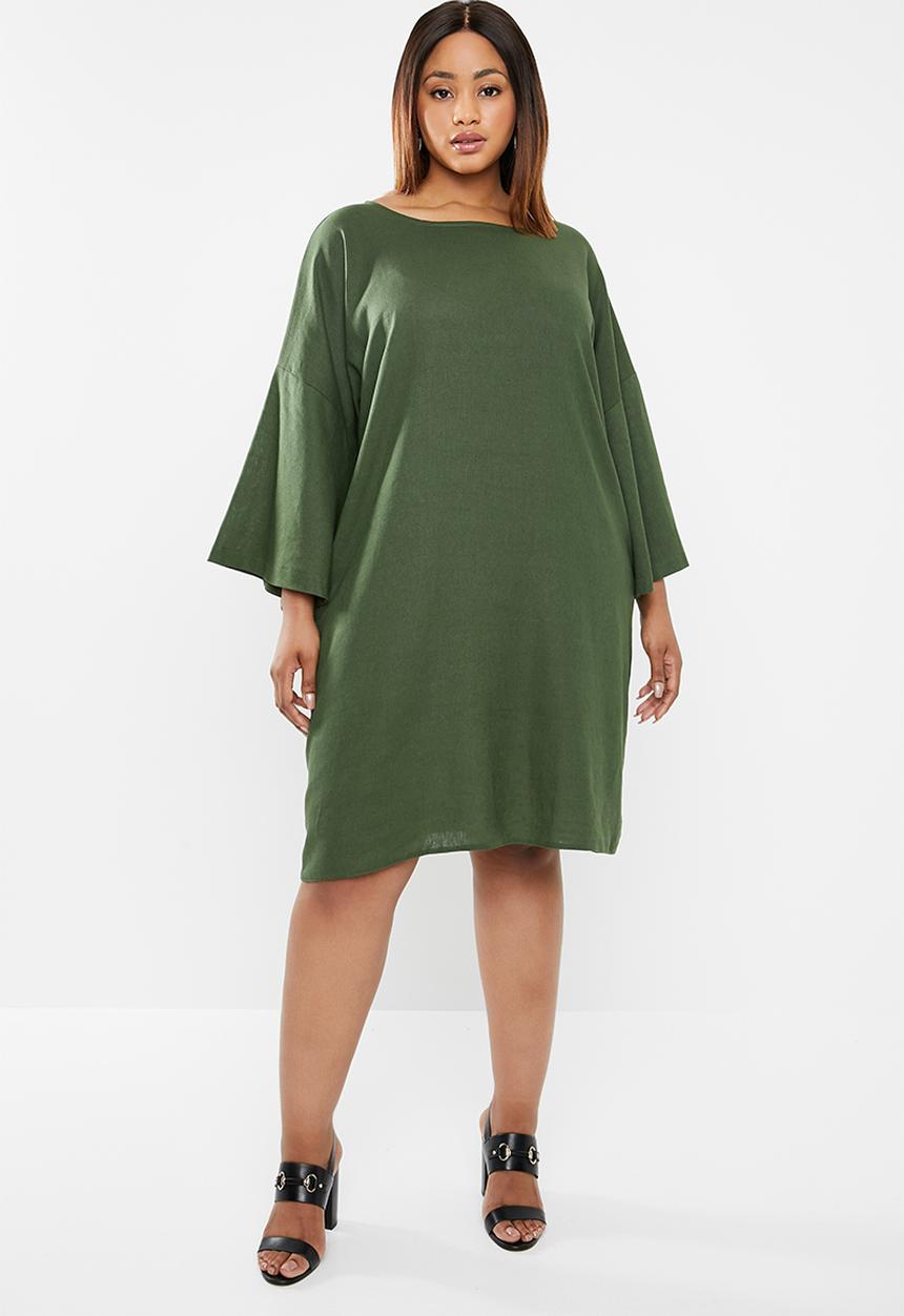edit Plus - Volume sleeve linen dress - khaki