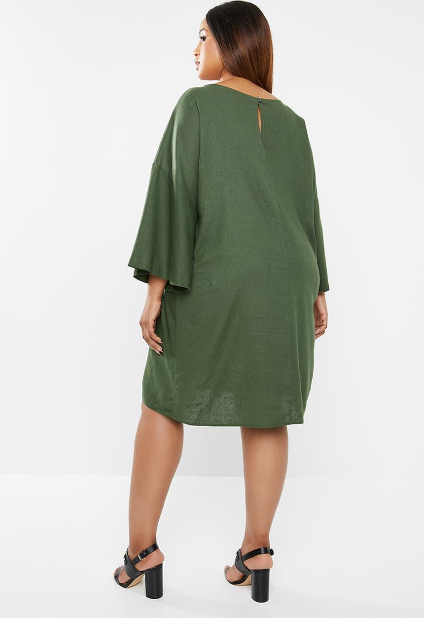 edit Plus - Volume sleeve linen dress - khaki