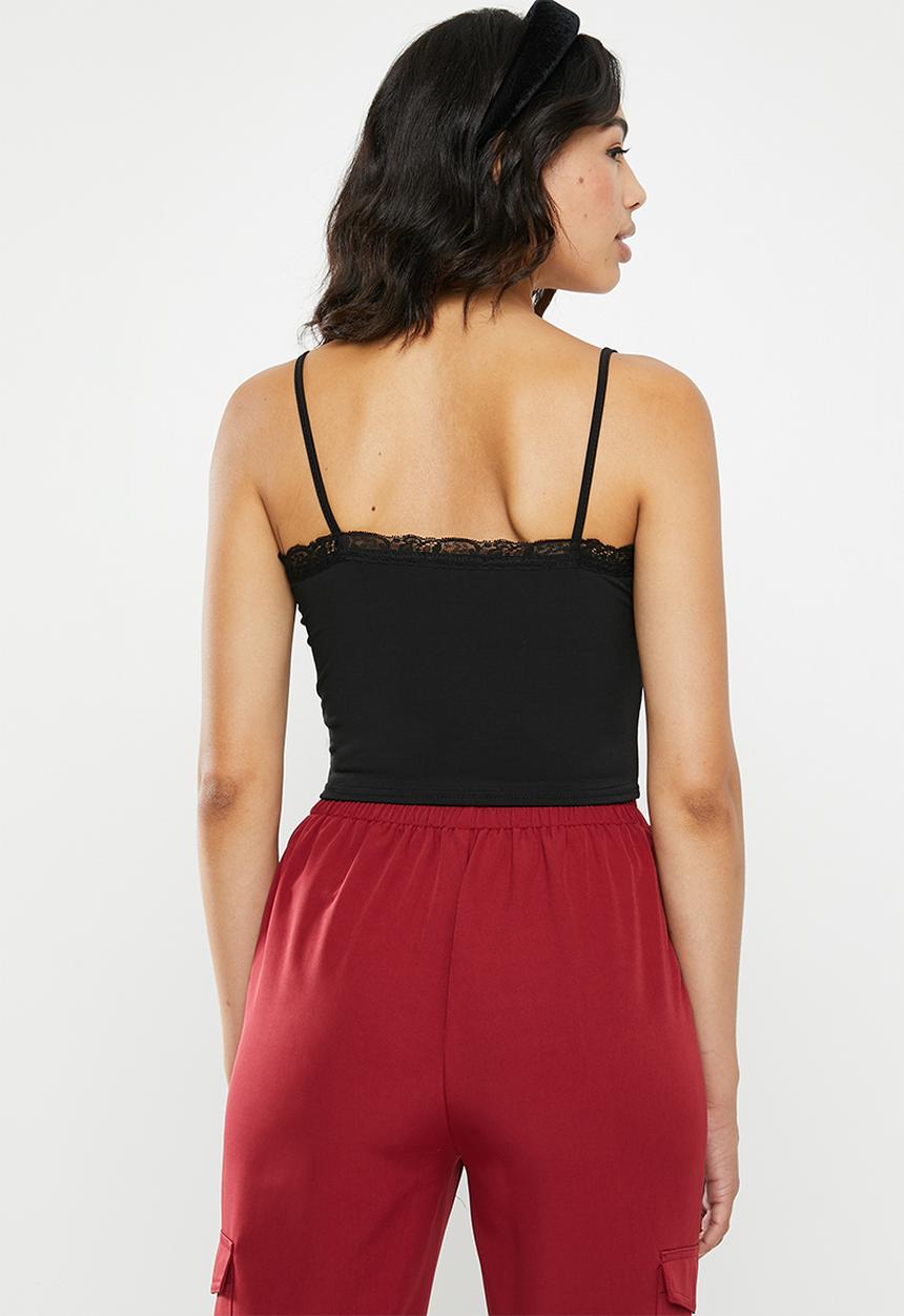 Missguided - Lace trim jersey crop cami - black
