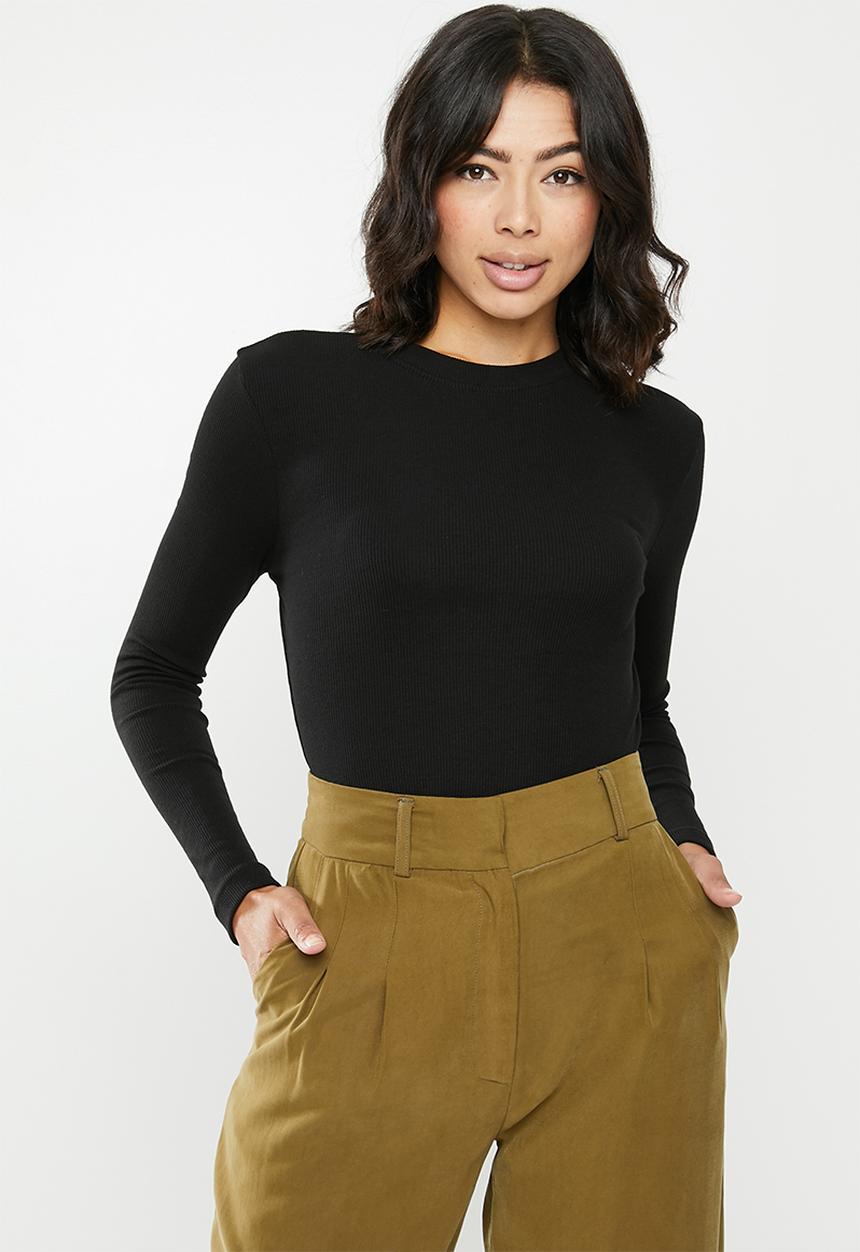 Missguided - Long sleeve crew neck ribbed top - black