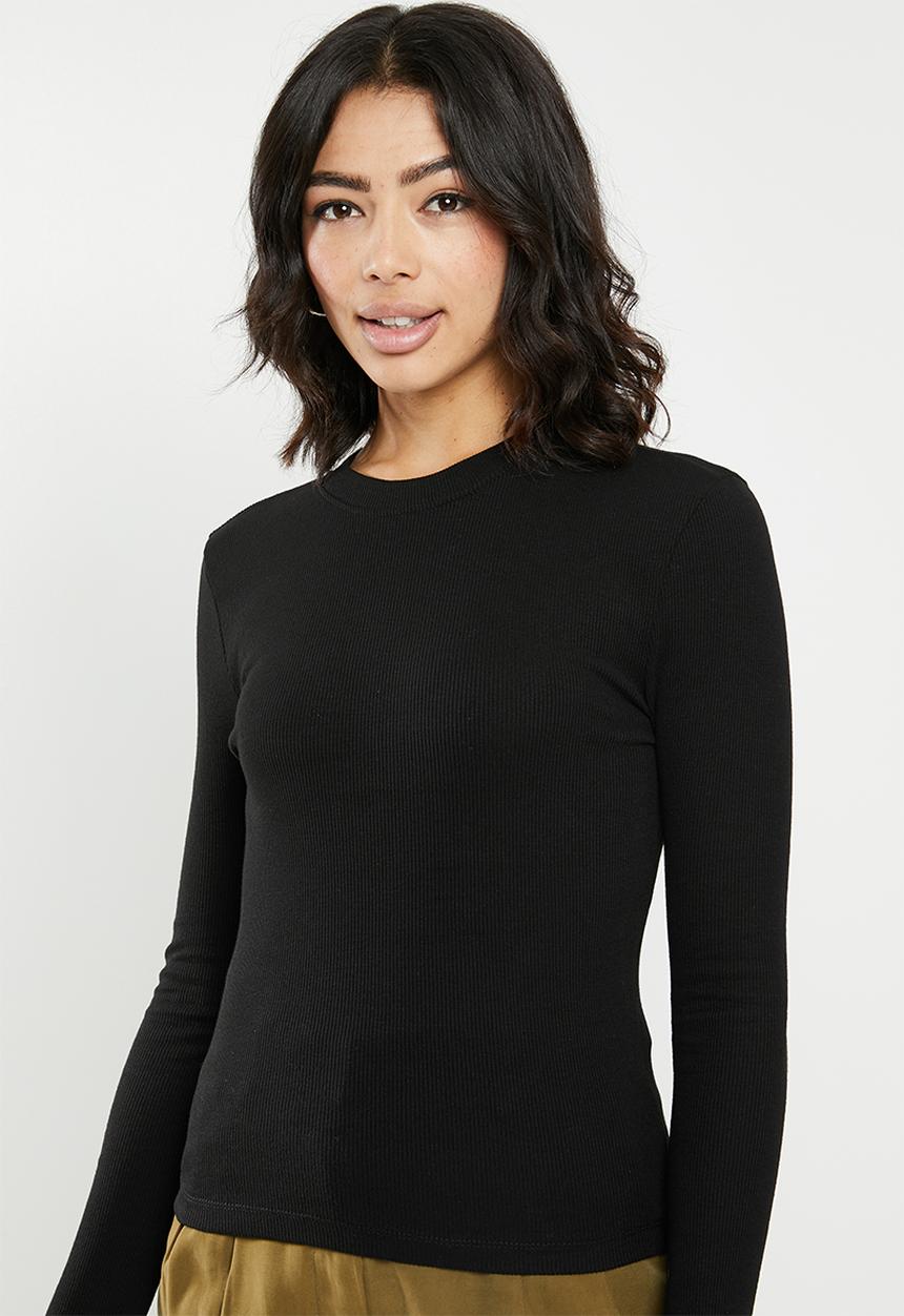 Missguided - Long sleeve crew neck ribbed top - black