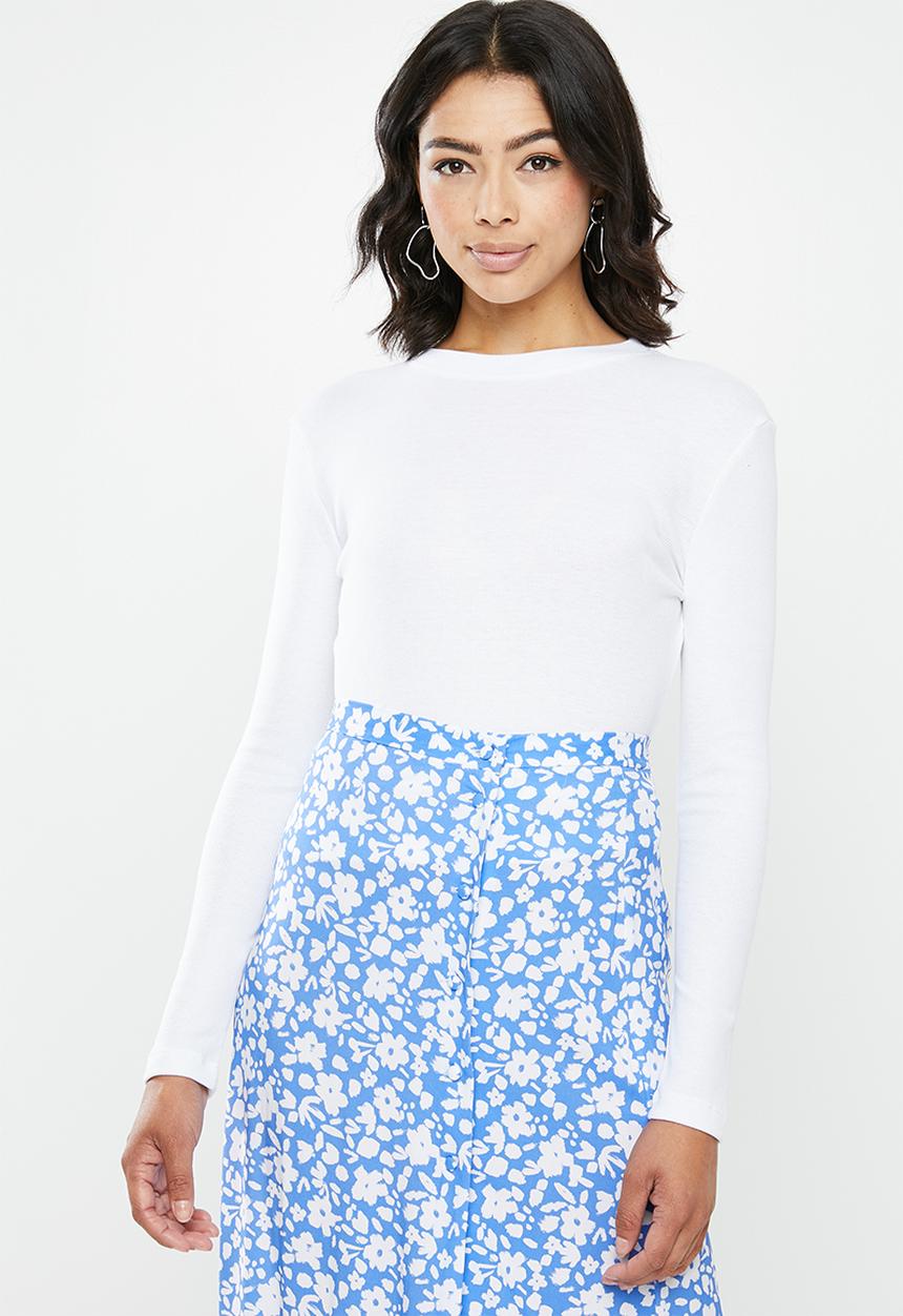 Missguided - Long sleeve crew neck ribbed top - white