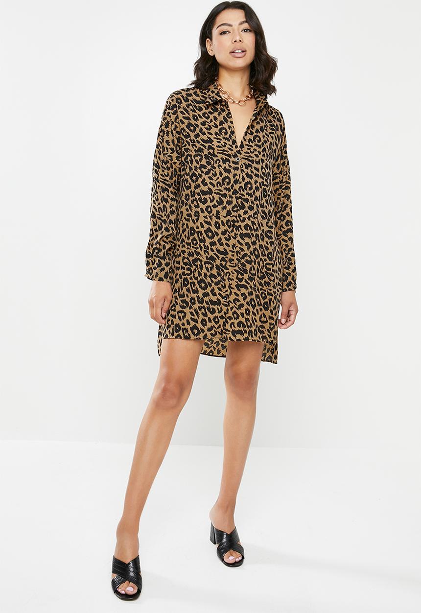 Missguided - Oversized dip back shirt dress leopard - brown & black 