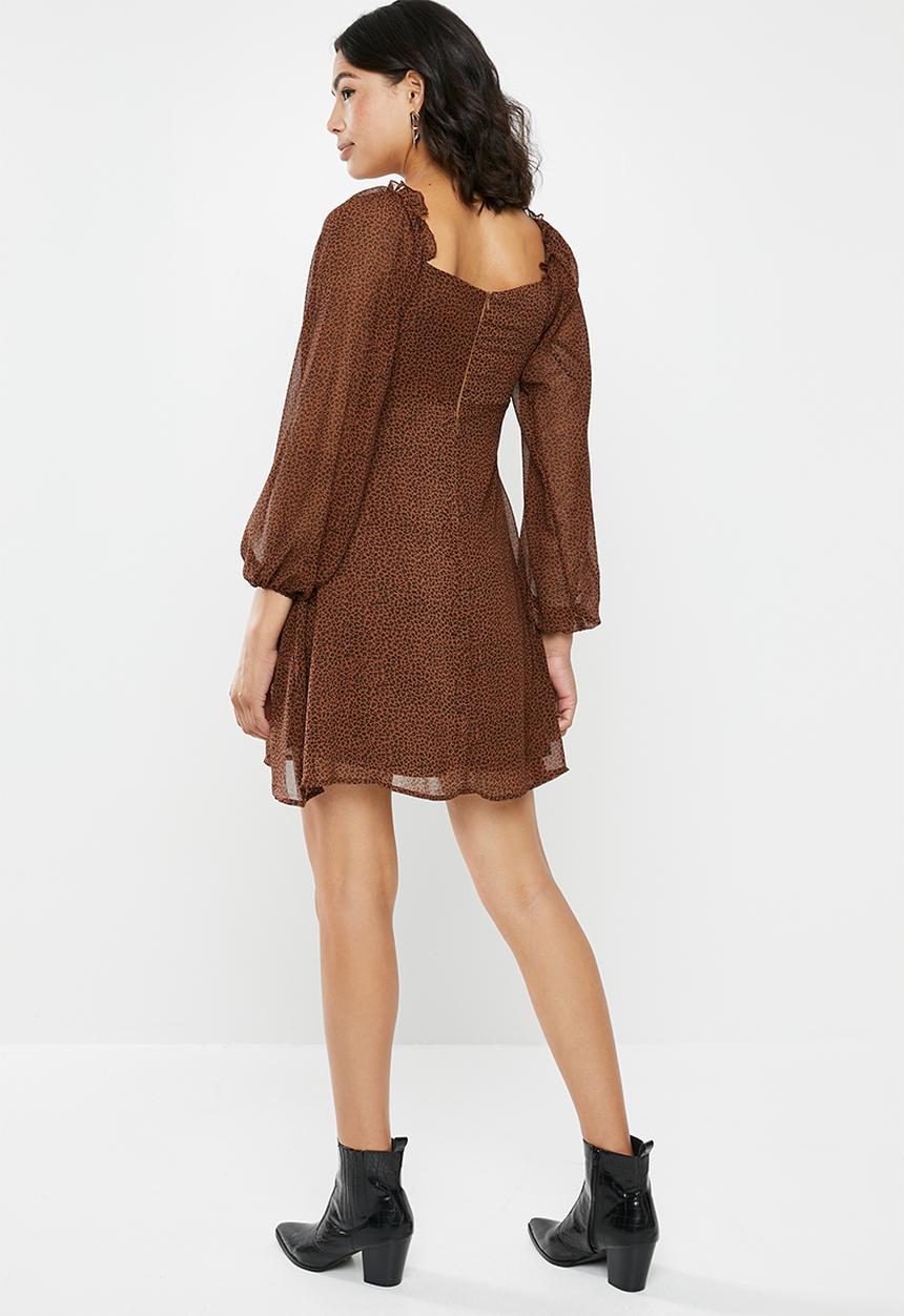 Missguided - Milkmaid skater dress animal - brown & black 