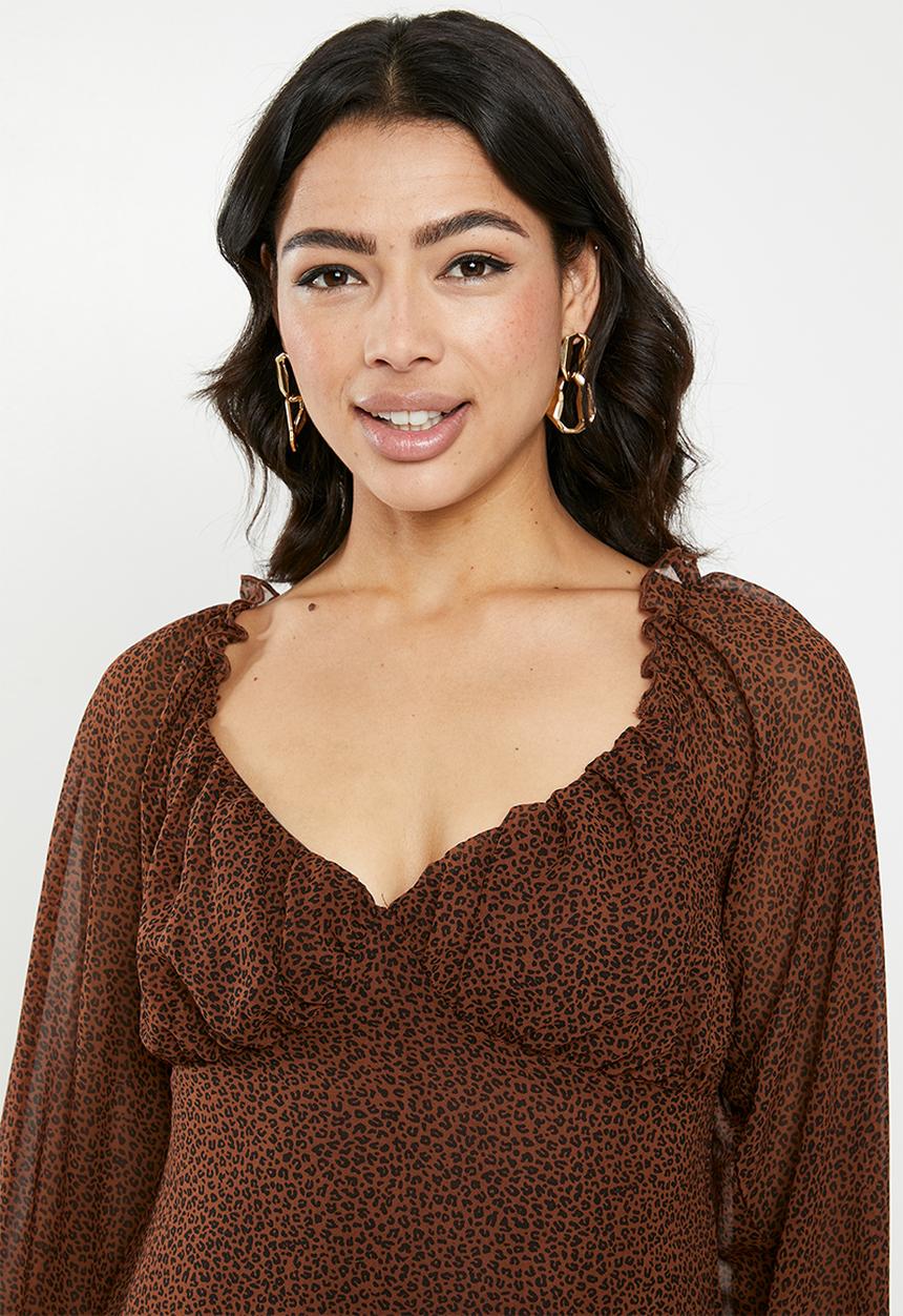 Missguided - Milkmaid skater dress animal - brown & black 