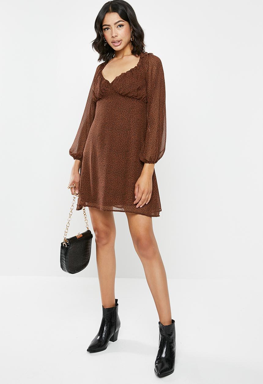 Missguided - Milkmaid skater dress animal - brown & black 