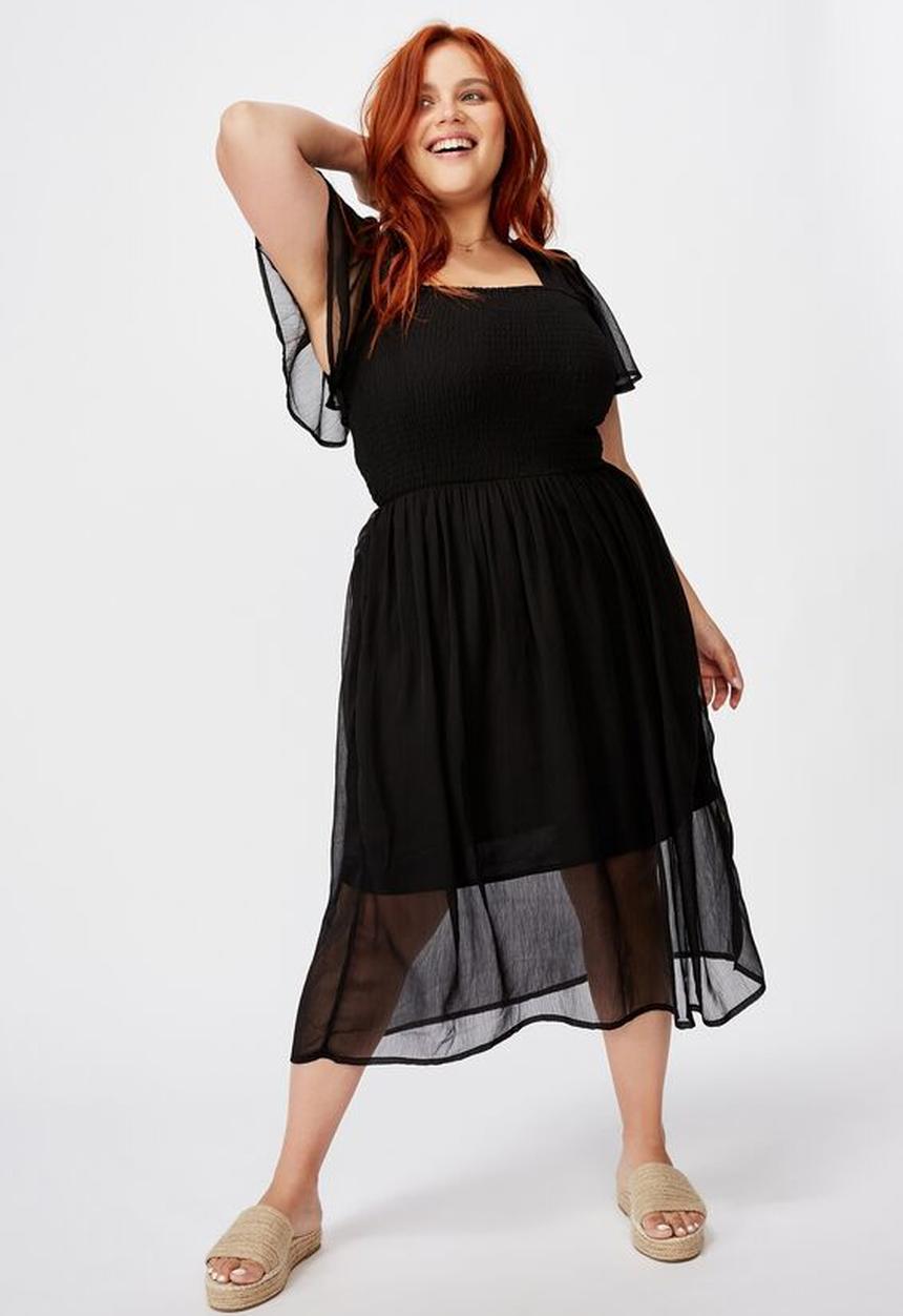Cotton On - Curve shirred flutter sleeve midi dress - black