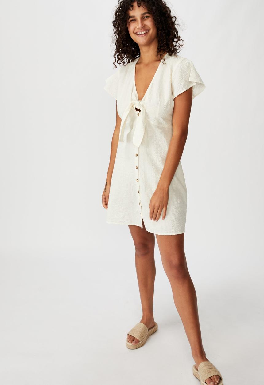 Cotton On - Woven miranda tie front short sleeve mini dress - cream 
