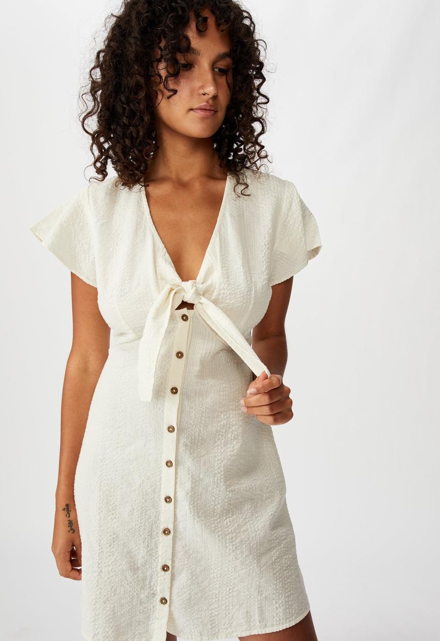 Cotton On - Woven miranda tie front short sleeve mini dress - cream 