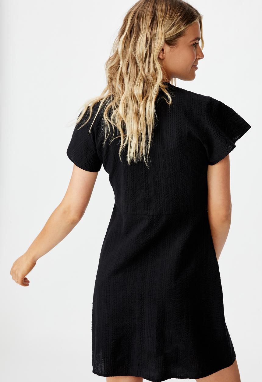 Cotton On - Woven miranda tie front short sleeve mini dress - black