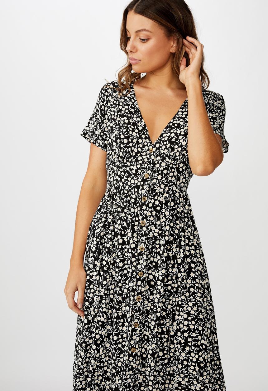 Cotton On - Woven clover short sleeve midi dress - black & white