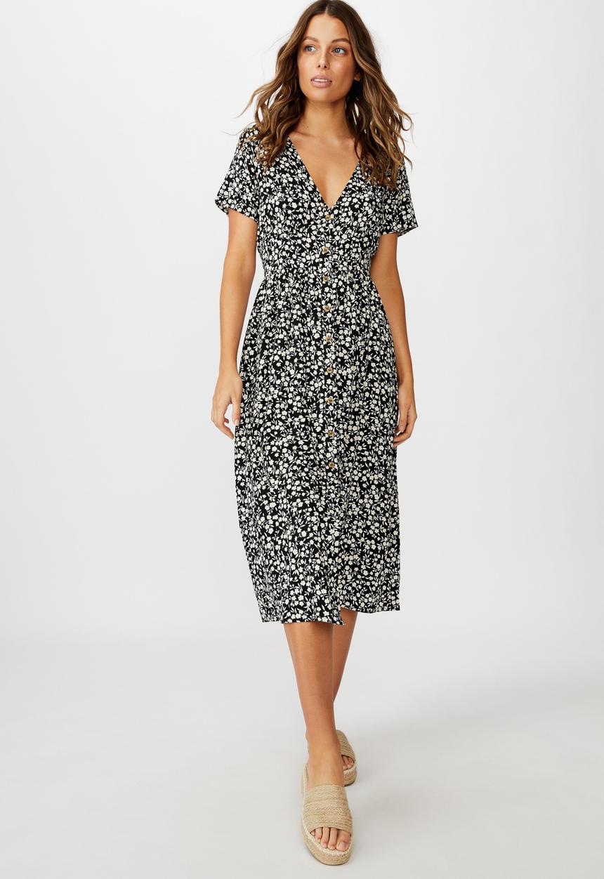 Cotton On - Woven clover short sleeve midi dress - black & white