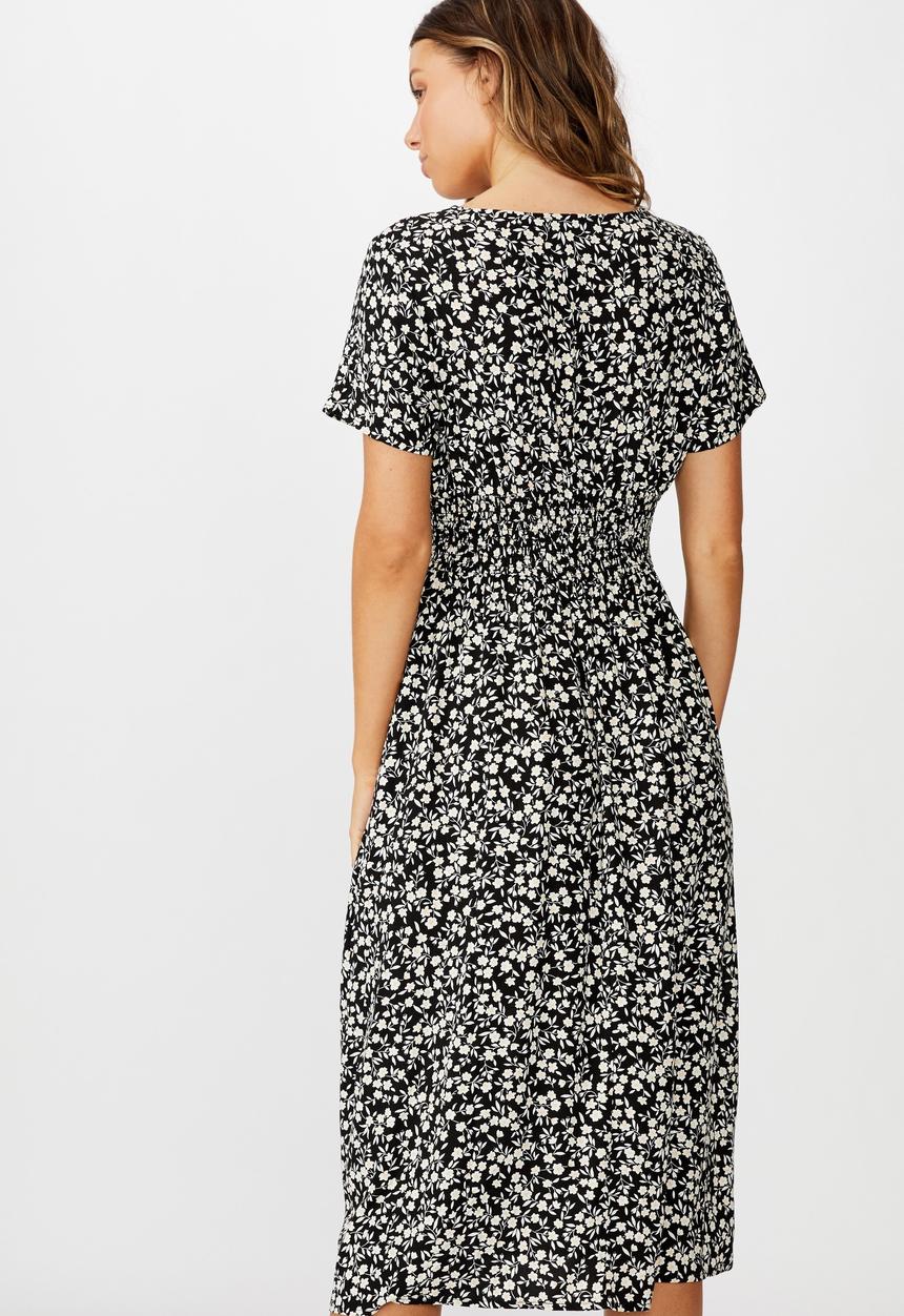 Cotton On - Woven clover short sleeve midi dress - black & white