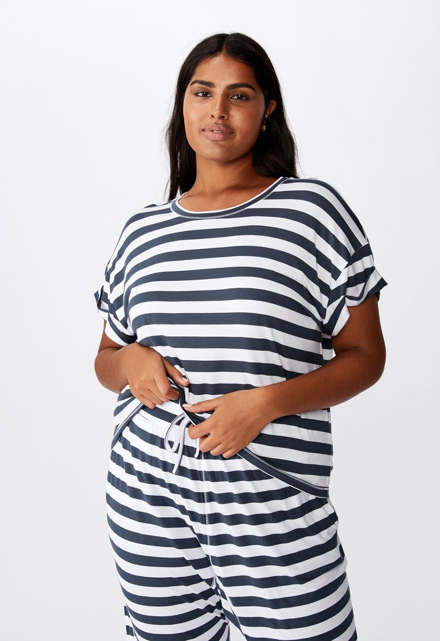 Cotton On - Curve sleep recovery hip grazer T-shirt - navy & white 
