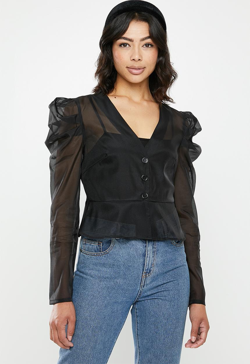 Missguided - Organza puffed sleeves peplum top - black