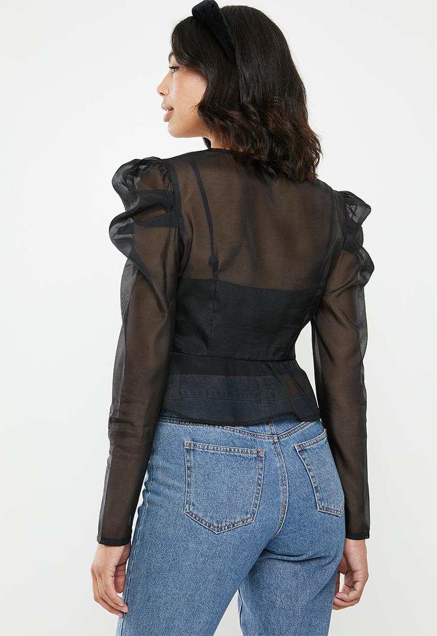 Missguided - Organza puffed sleeves peplum top - black