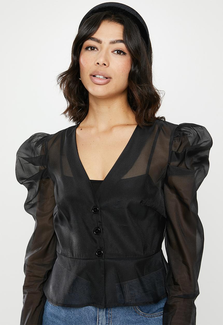 Missguided - Organza puffed sleeves peplum top - black