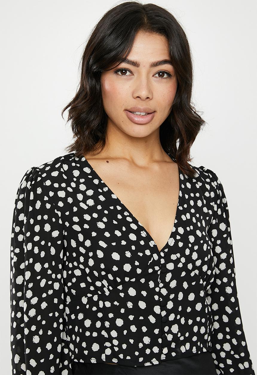 Missguided - Spot cup detail button front balloon sleeve top - black & white