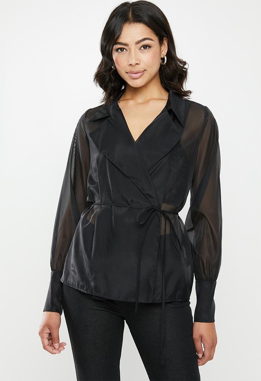 Missguided - Organza belted wrap blouse - black