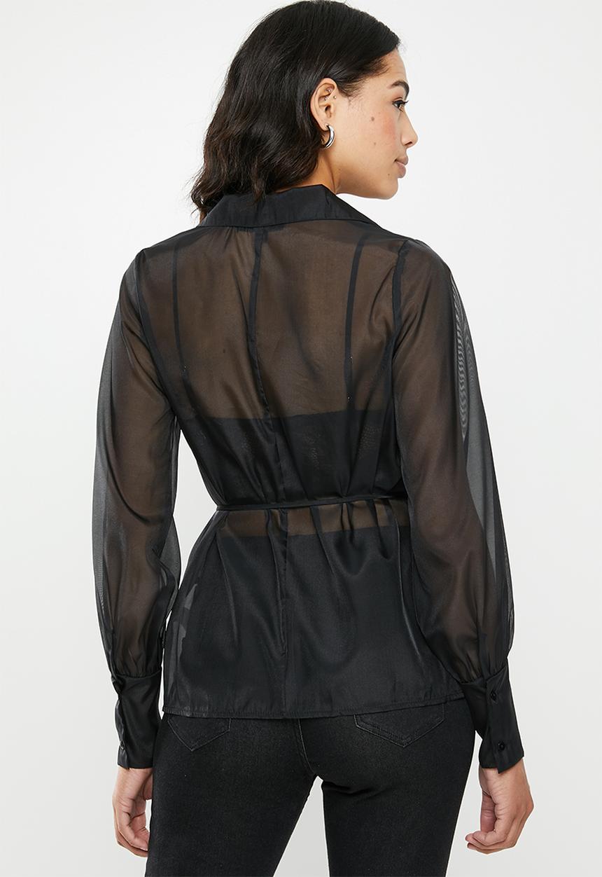 Missguided - Organza belted wrap blouse - black