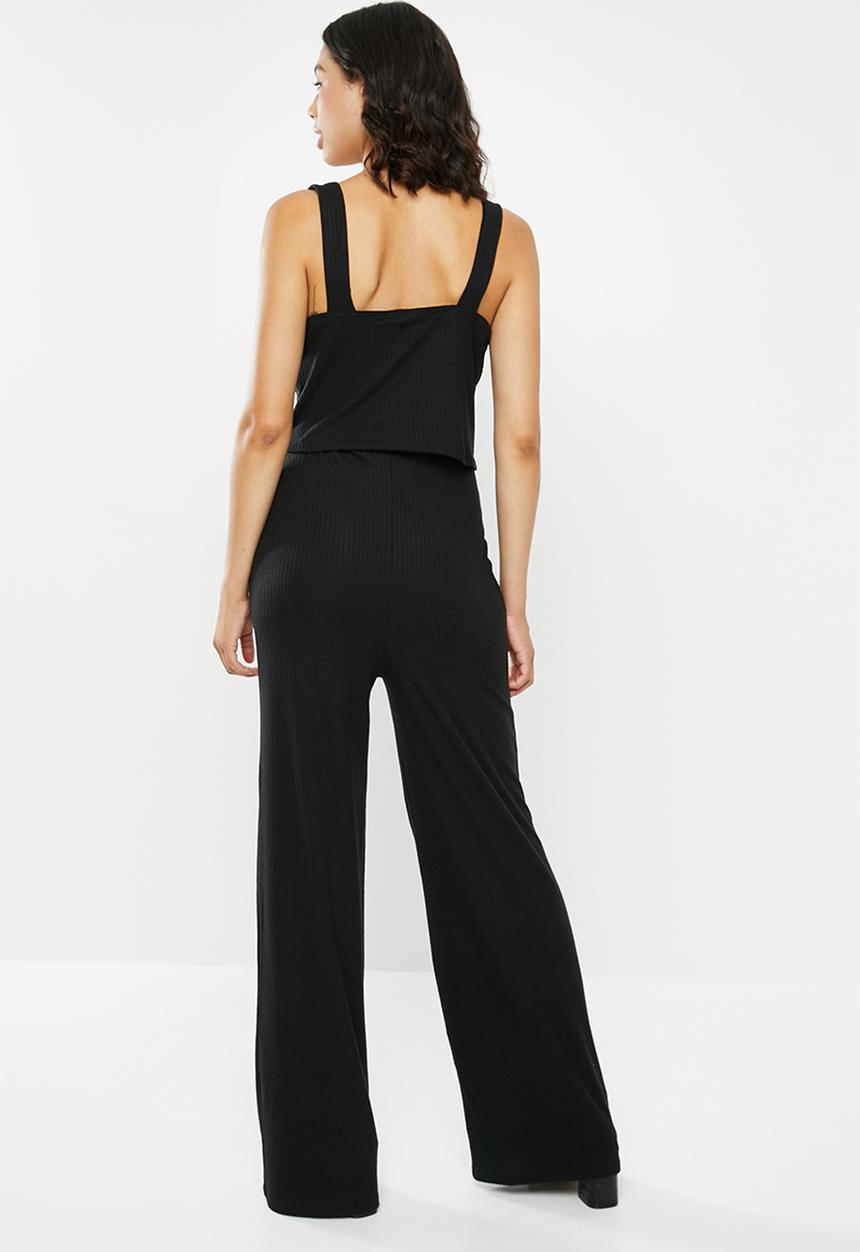 Missguided - Rib button detail vest top wide leg set - black