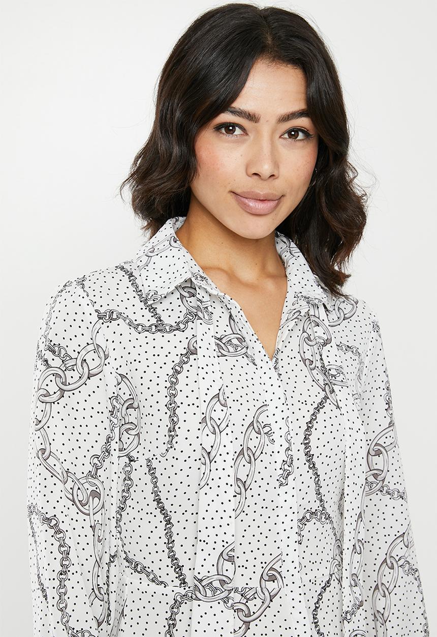 Missguided - Chain print pussybow shirt dress - white
