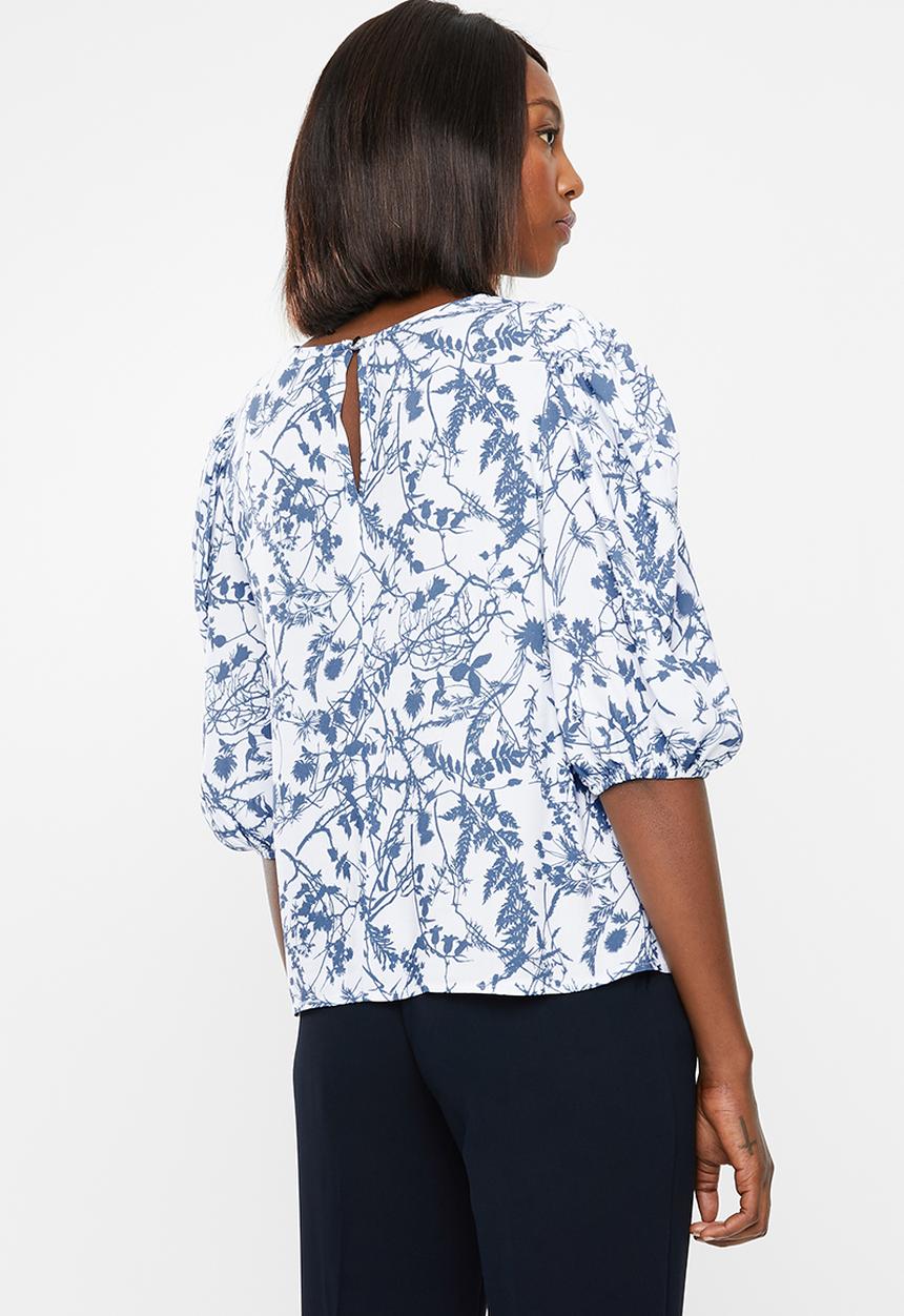 edit - Boxy blouse round neck - blue & white 