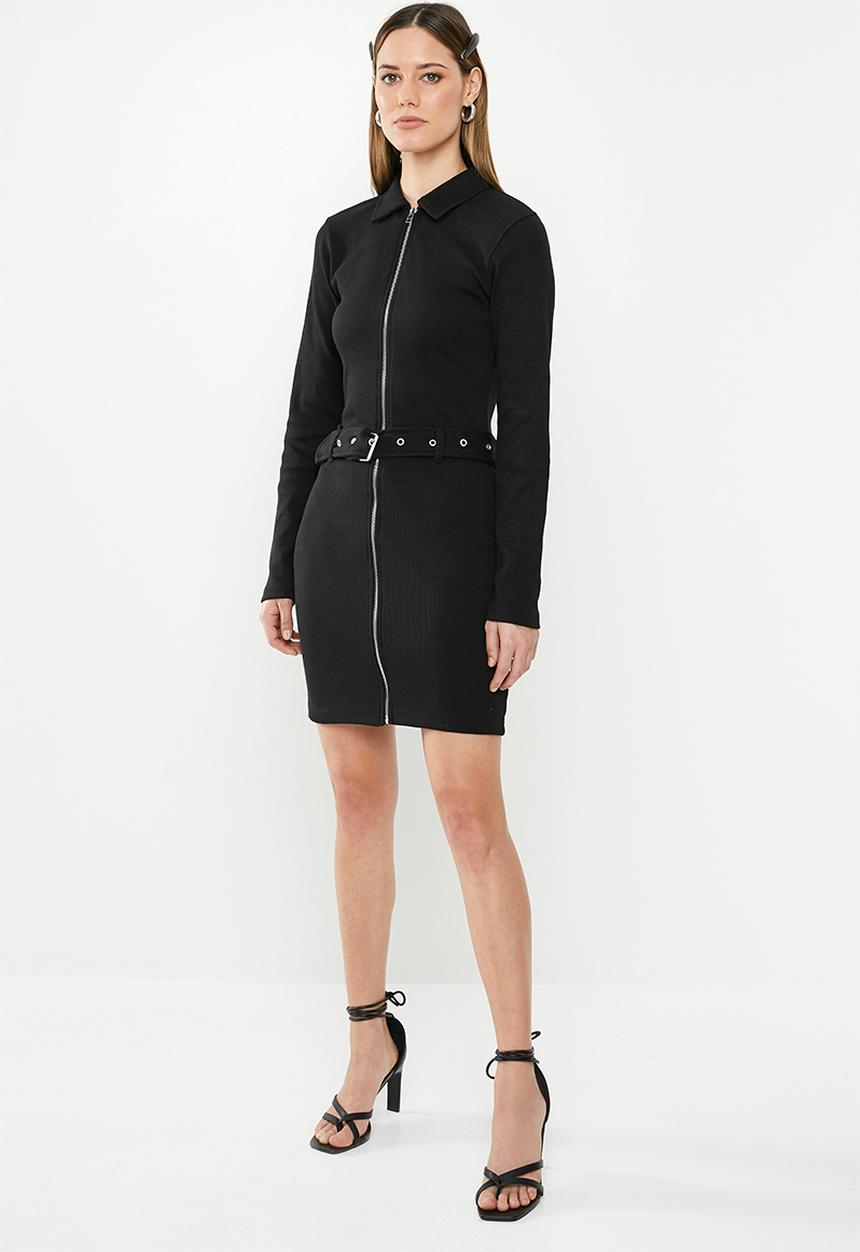 Missguided - Ribbed polo zip front mini dress - black