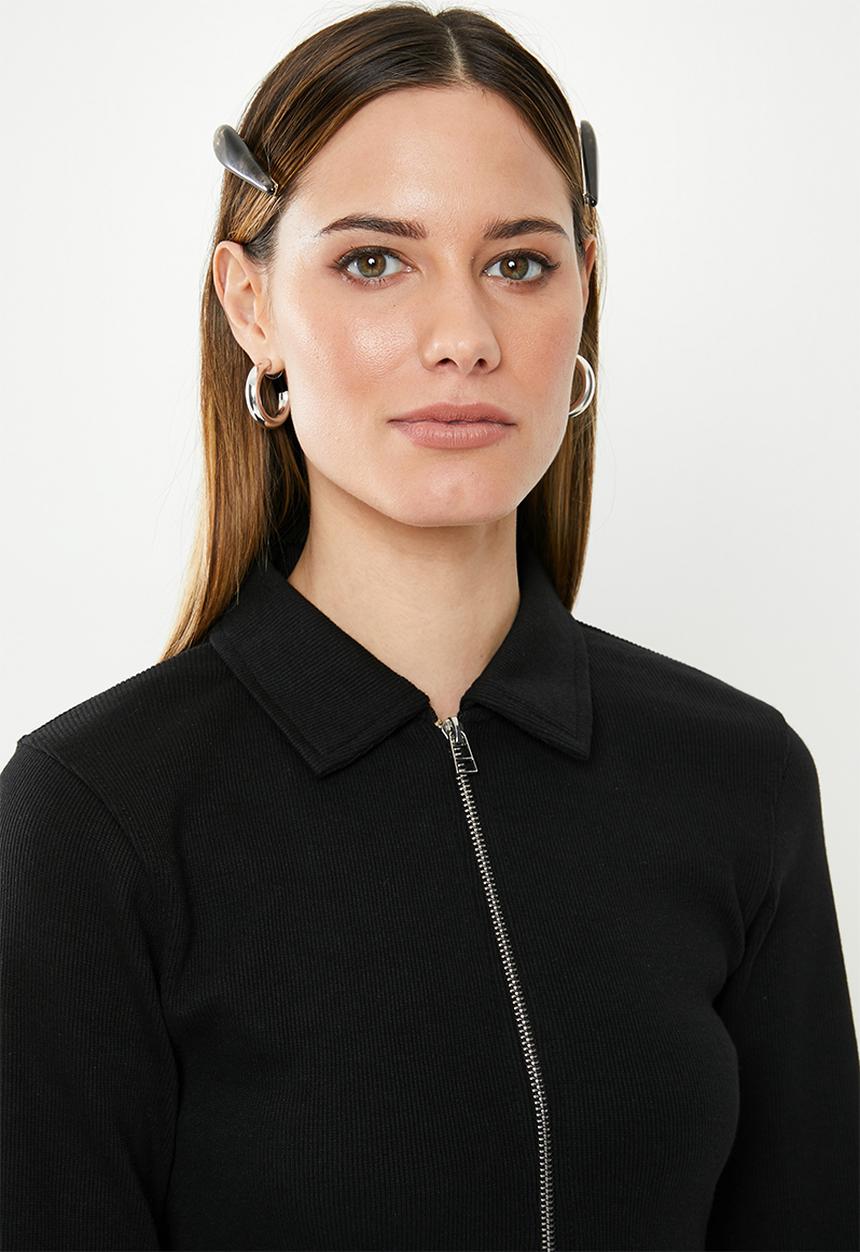 Missguided - Ribbed polo zip front mini dress - black
