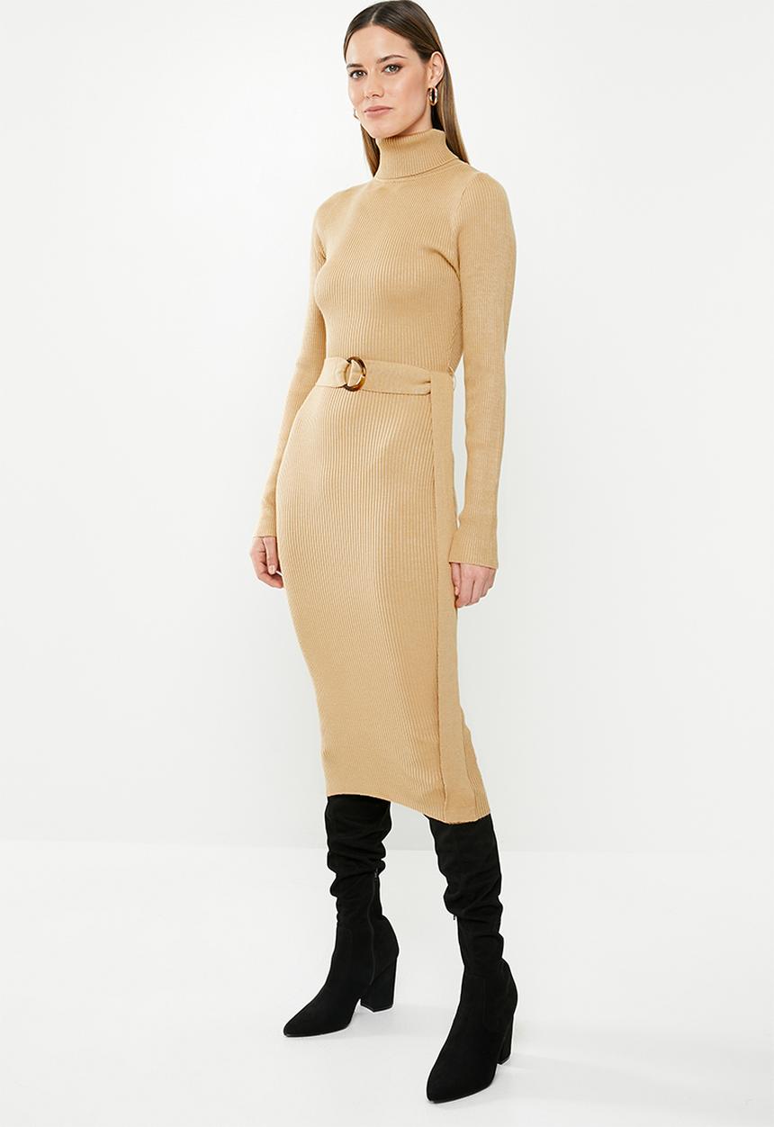 Missguided - Belted roll neck ribbed midi dress - beige 