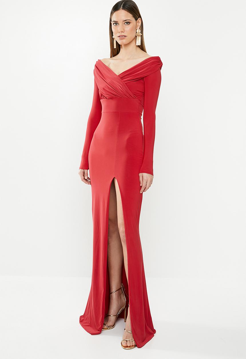 Missguided - Slinky long sleeve bardot maxi dress - red