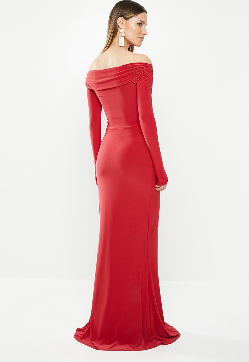 Missguided - Slinky long sleeve bardot maxi dress - red