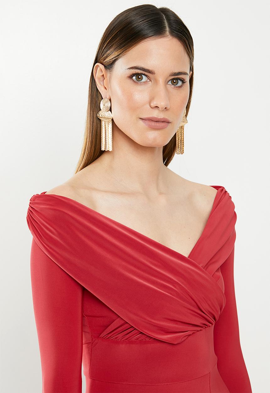 Missguided - Slinky long sleeve bardot maxi dress - red