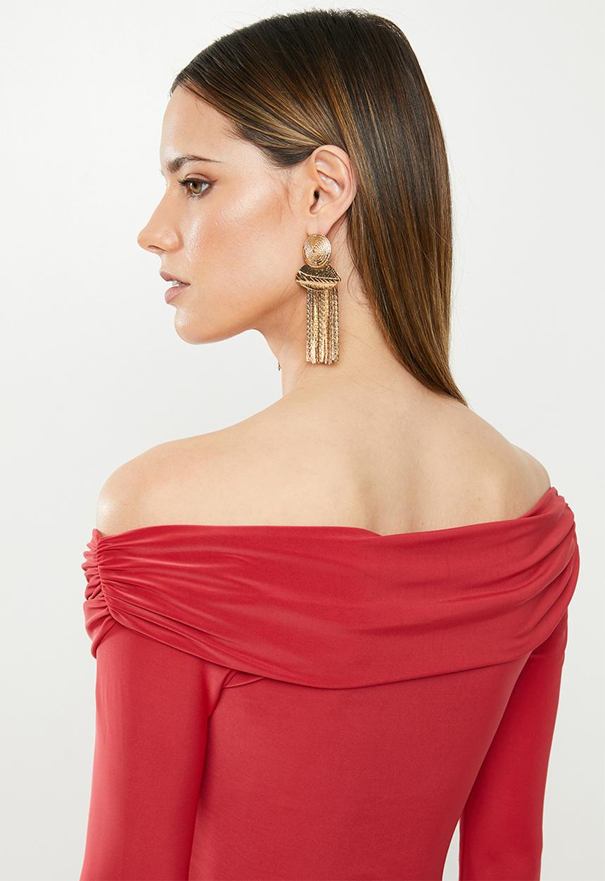 Missguided - Slinky long sleeve bardot maxi dress - red
