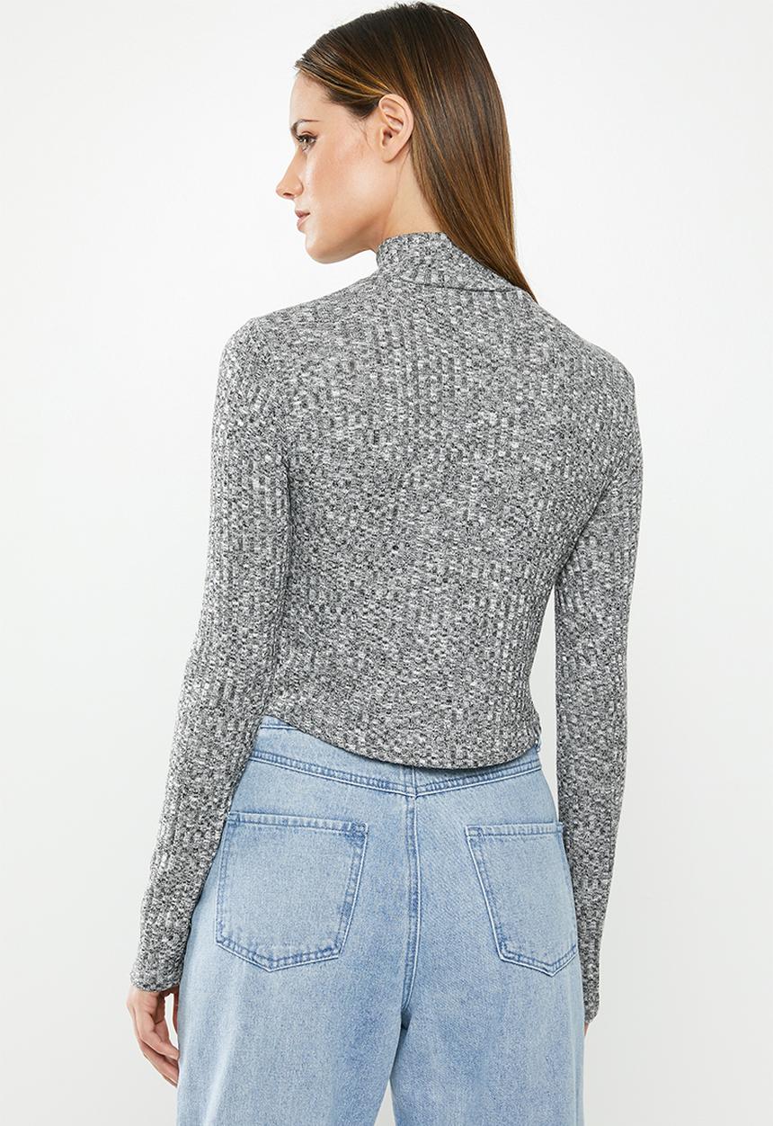 Missguided - High neck rib curve hem long sleeve top - grey
