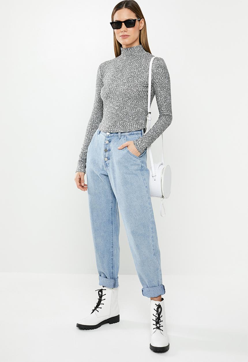 Missguided - High neck rib curve hem long sleeve top - grey