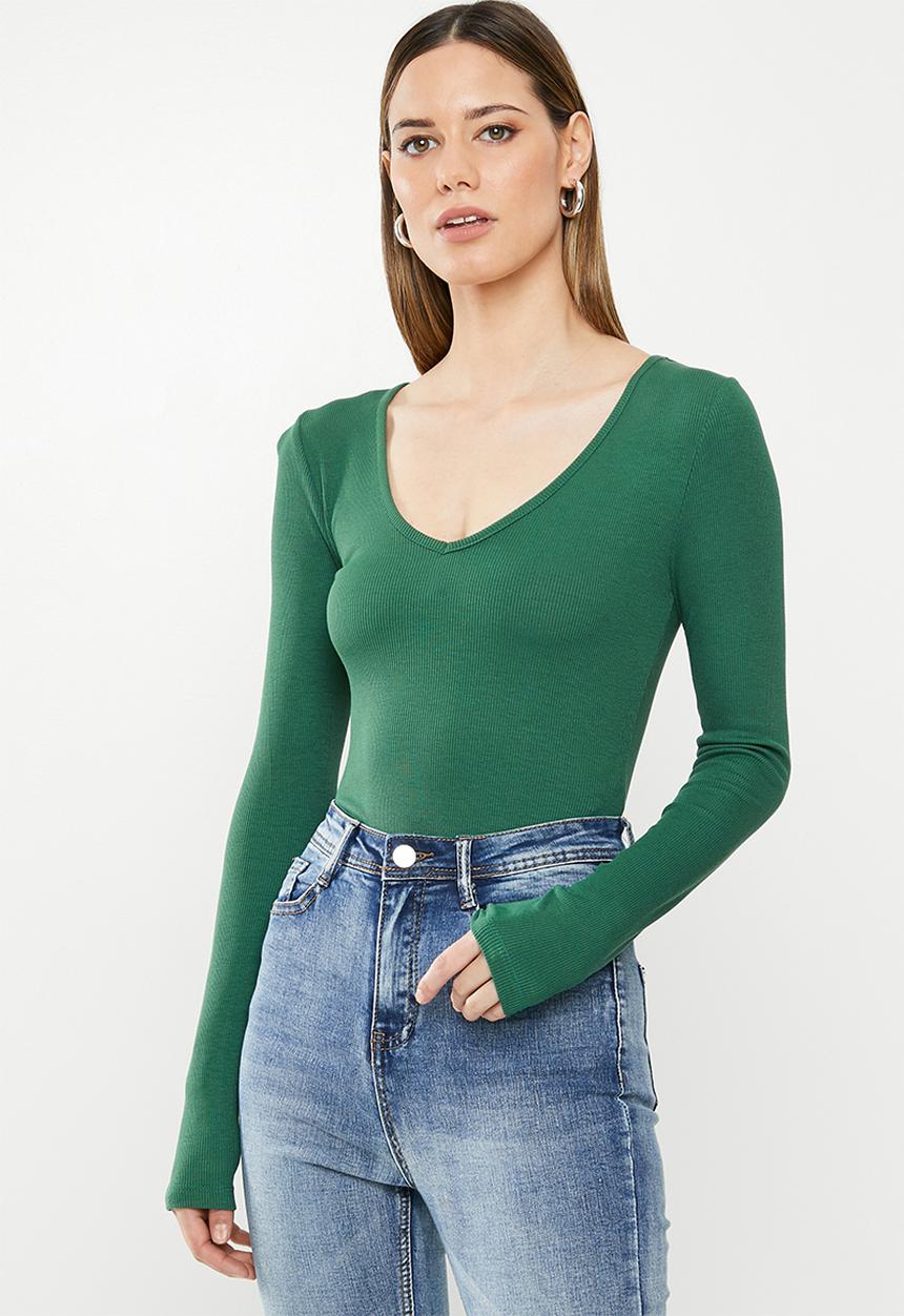 Missguided - V Neck ribbed long sleeve bodysuit - green