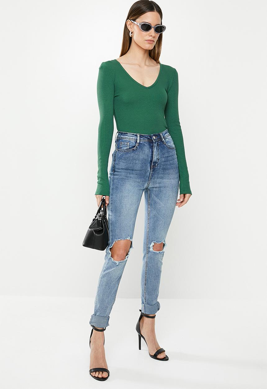 Missguided - V Neck ribbed long sleeve bodysuit - green