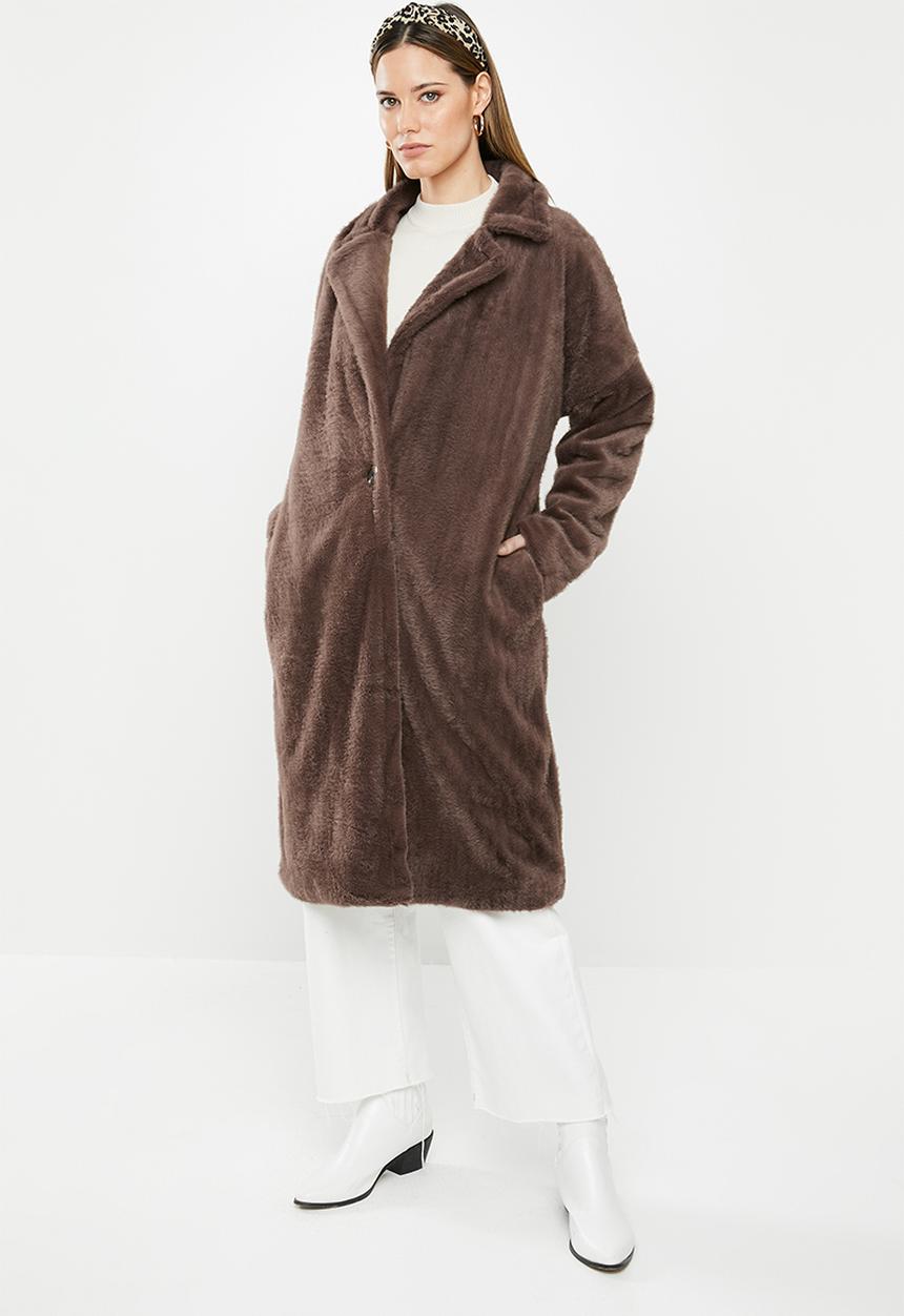 Missguided - Tortoise button faux fur crombie coat - brown
