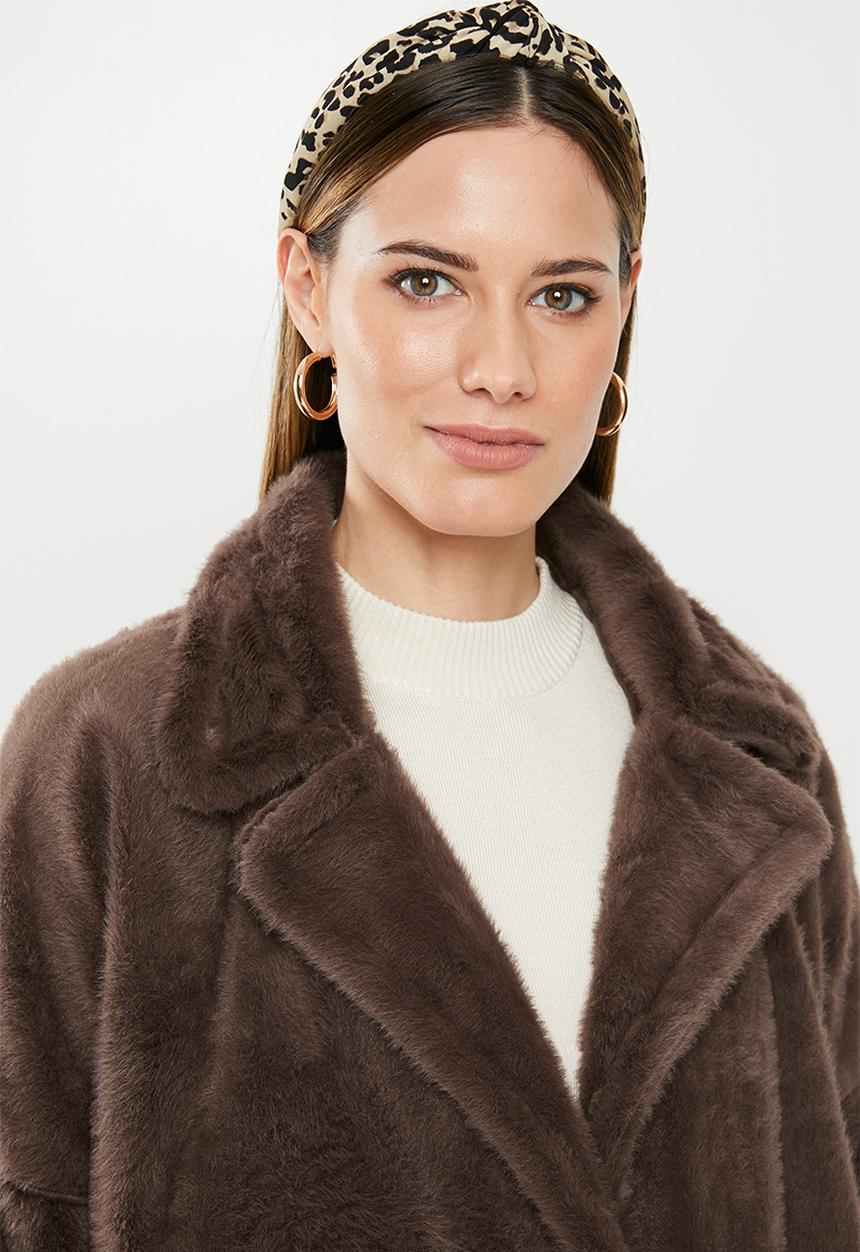 Missguided - Tortoise button faux fur crombie coat - brown