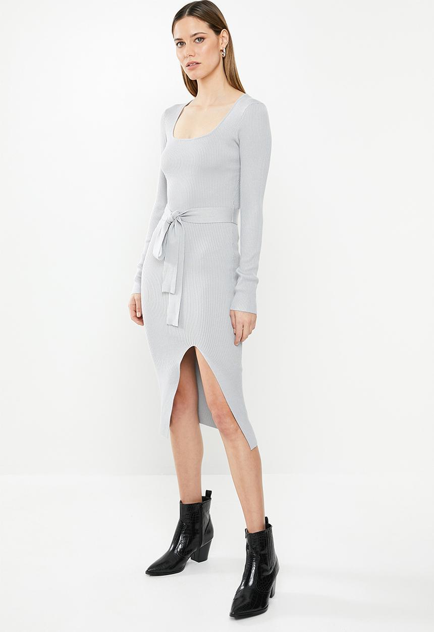 Missguided - Ribbed tie waist midi dress - grey