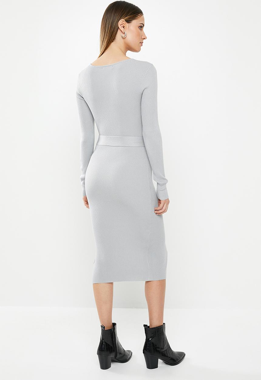 Missguided - Ribbed tie waist midi dress - grey