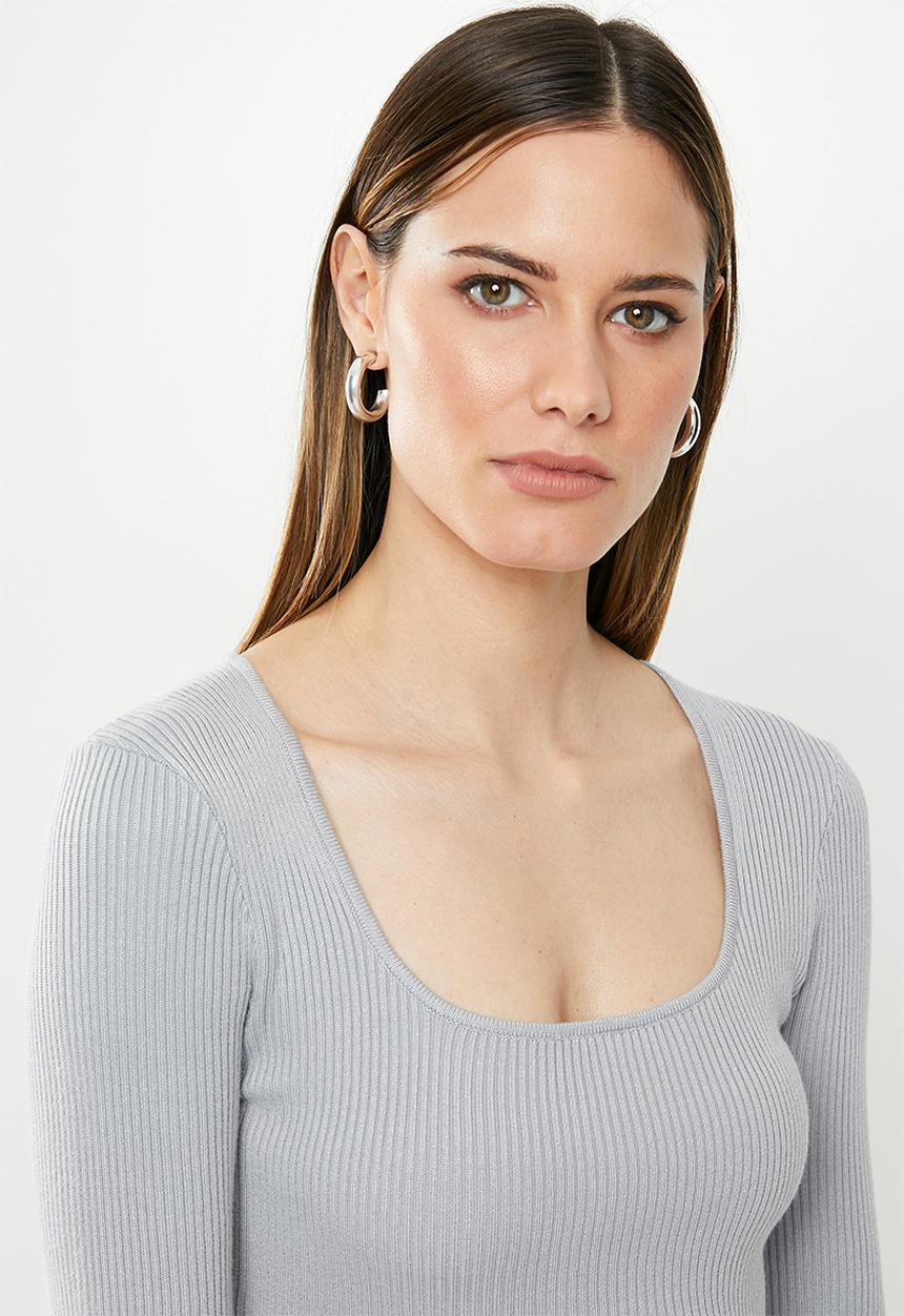 Missguided - Ribbed tie waist midi dress - grey