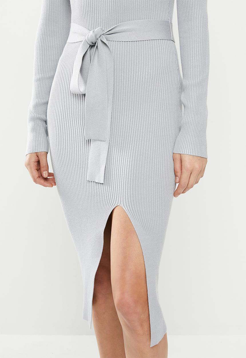 Missguided - Ribbed tie waist midi dress - grey