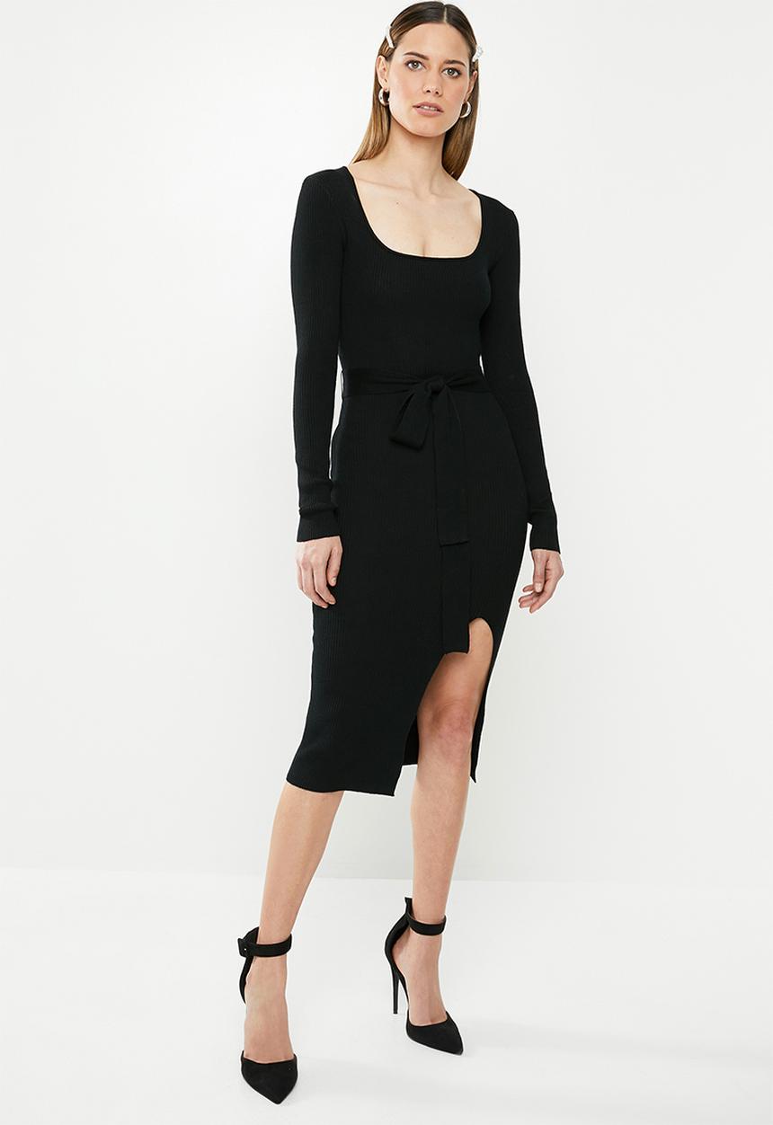 Missguided - Ribbed tie waist midi dress - black 