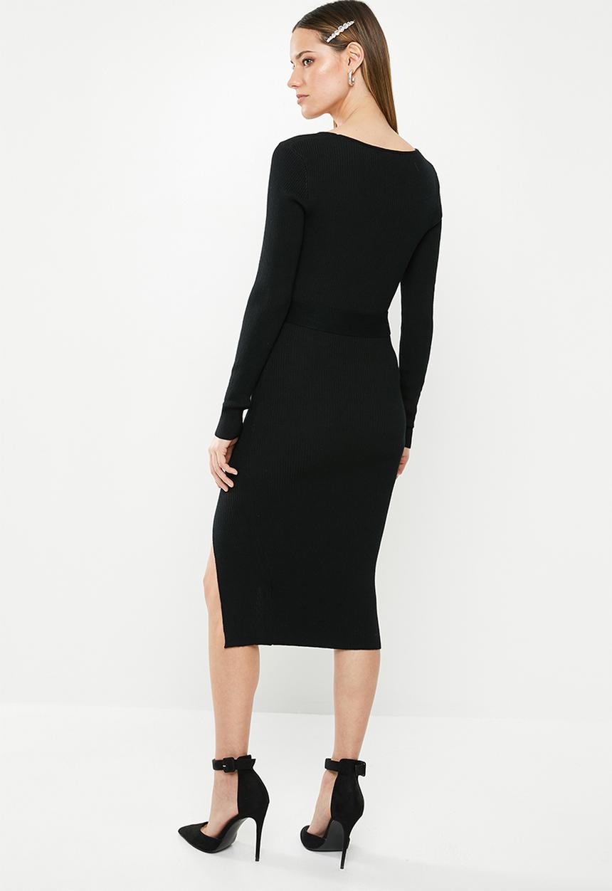 Missguided - Ribbed tie waist midi dress - black 