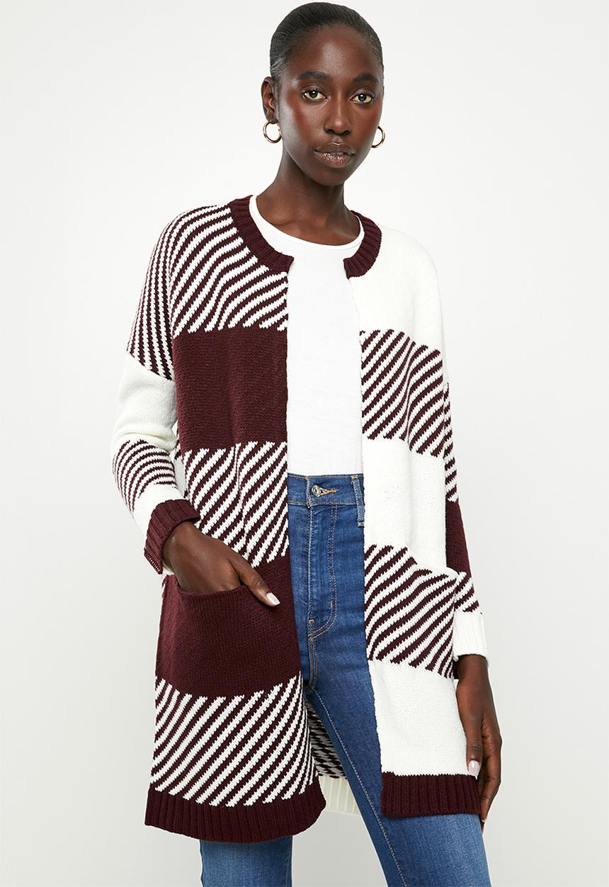 ONLY - Kasey long sleeve long cardigan knit - white & burgundy 